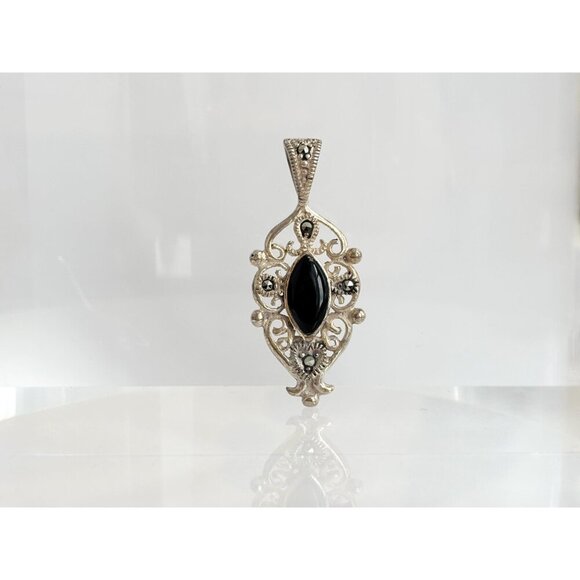 Art Deco Black Onyx Sterling Silver Modernist Marcasite 925 Vintage Pendant - Picture 4 of 8